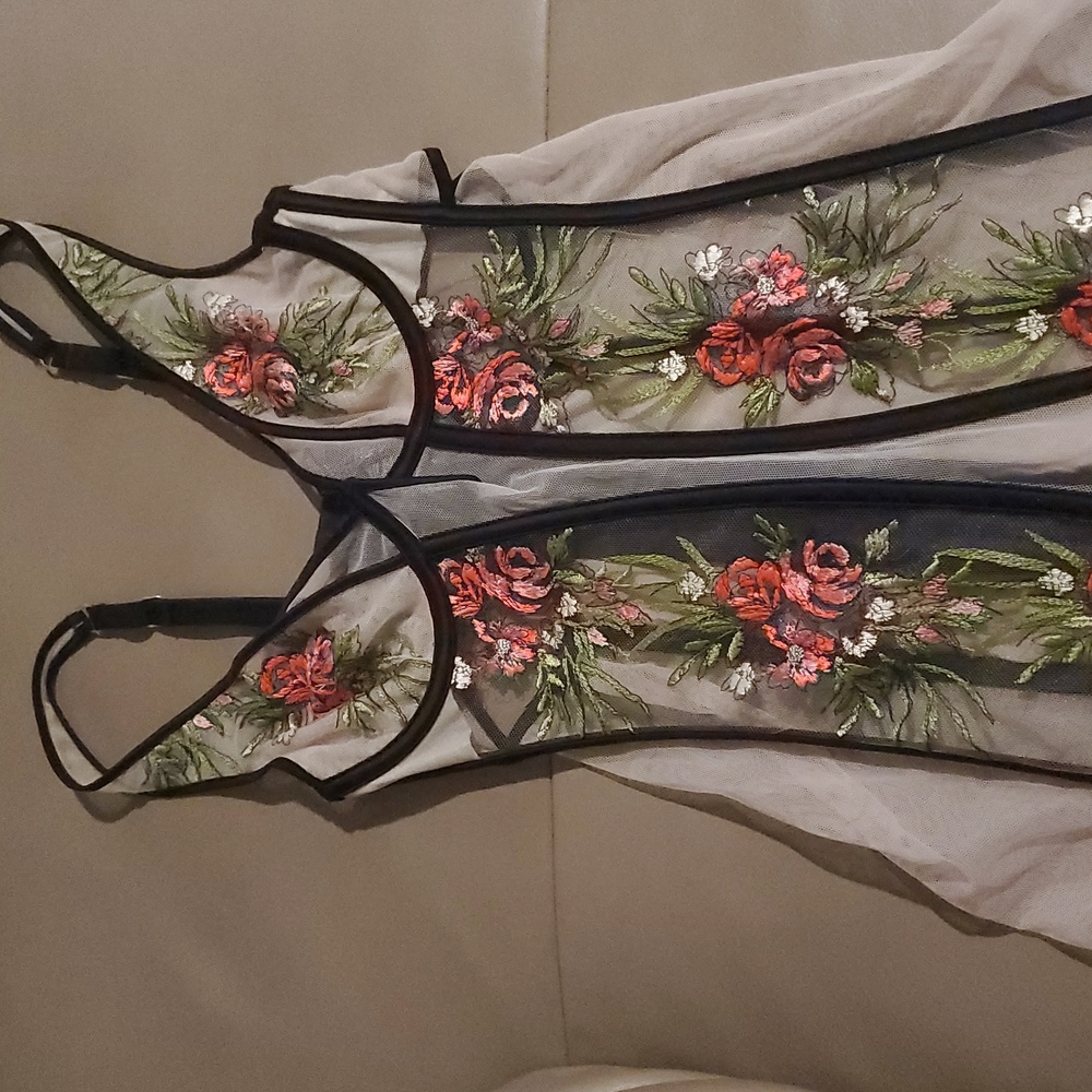 Victoria's Secret Black and Floral Embroidered Bodysuit 34B